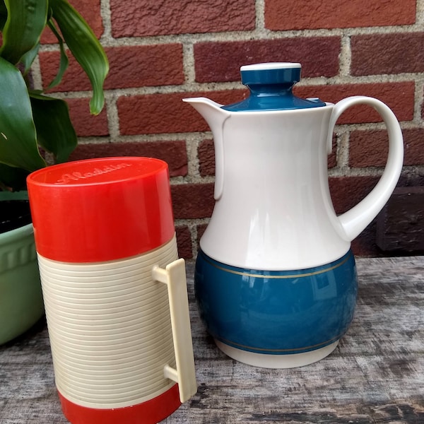 Vintage Thermos, Teal Blue Coffee Carafe, Aladdin Hi Lo Wide Mouth Soup Thermos