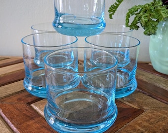 Aqua Wide Bottom Lowball / Rocks Glasses - 1970’s - Set of 6 - Wheaten New Yorker