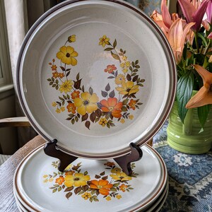 May include: A set of vintage ceramic plates with a floral design in yellow, orange, and brown. The plates have a speckled beige background and a brown rim. One plate is displayed on a wooden stand, with a stack of plates below.