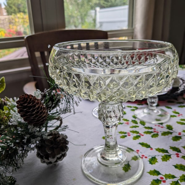 Crystal Pressed Glass Diamond Point Indiana Glass Compote / Pedestal Bowl - 1960’s - Candy Dish / Trinket Bowl