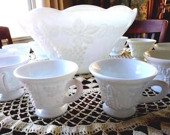 26 Piece Vintage Milk Glass Harvest Grape Punch Bowl Set - Anchor Hocking - 1950's