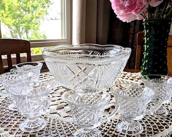Bristol Diamond Punch Bowl Set with 6 Party Cups - 1950's - Tiffin Franciscan