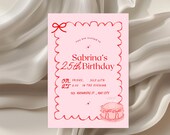 Editable Digital Birthday Invitation, ANY AGE Birthday Bows and Hearts Version 2 Pink Cake Invite Printable Template