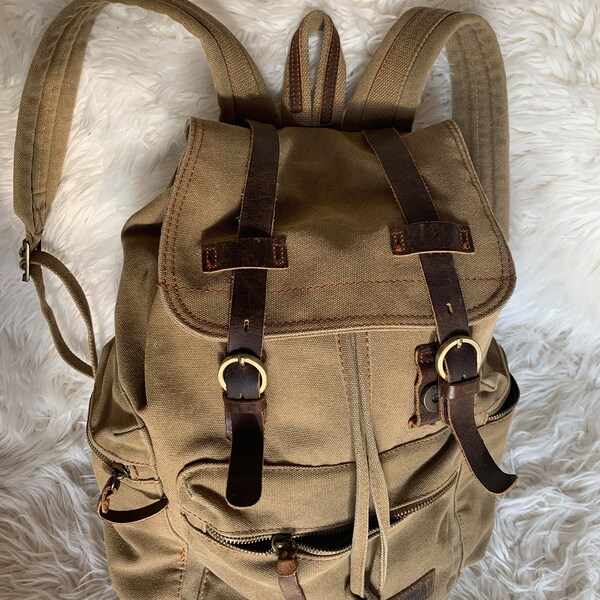 Khaki Color Vintage Backpack Leather Trim Casual for Men Women