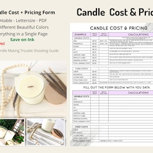 May include: Printable candle cost and pricing form with a checklist, a table with variable and fixed costs, and a section for calculations. The form is designed to help candle makers calculate the cost of their candles and set prices.