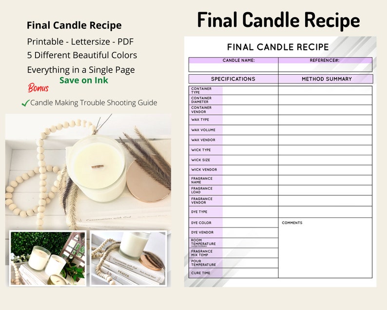 Candle Making Printable Final Recipe Sheets, FREE/BONUS 3page Candle Candle Making Printable Final Recipe Sheets, FREE/BONUS 3page Candle