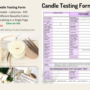 May include: A printable candle testing form with a checklist for candle makers. The form includes sections for testing details, such as candle name, test number, date, container size, wax type, wick size, fragrance load, and room temperature. It also includes a section for recording observations and issues, as well as recommendations for the next test.