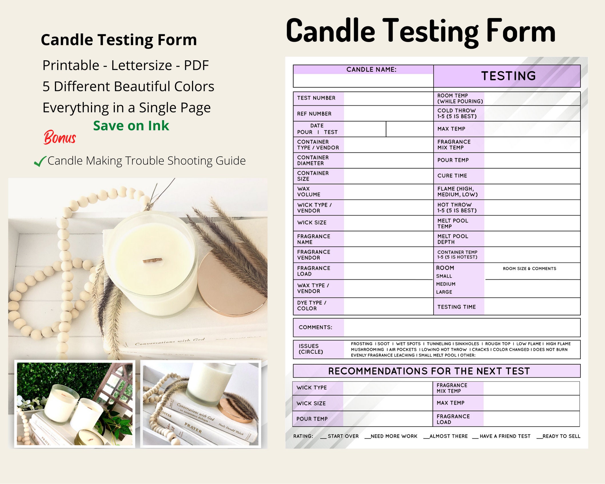 Candle Making Printable Testing Sheets, FREE/BONUS 3page Candle