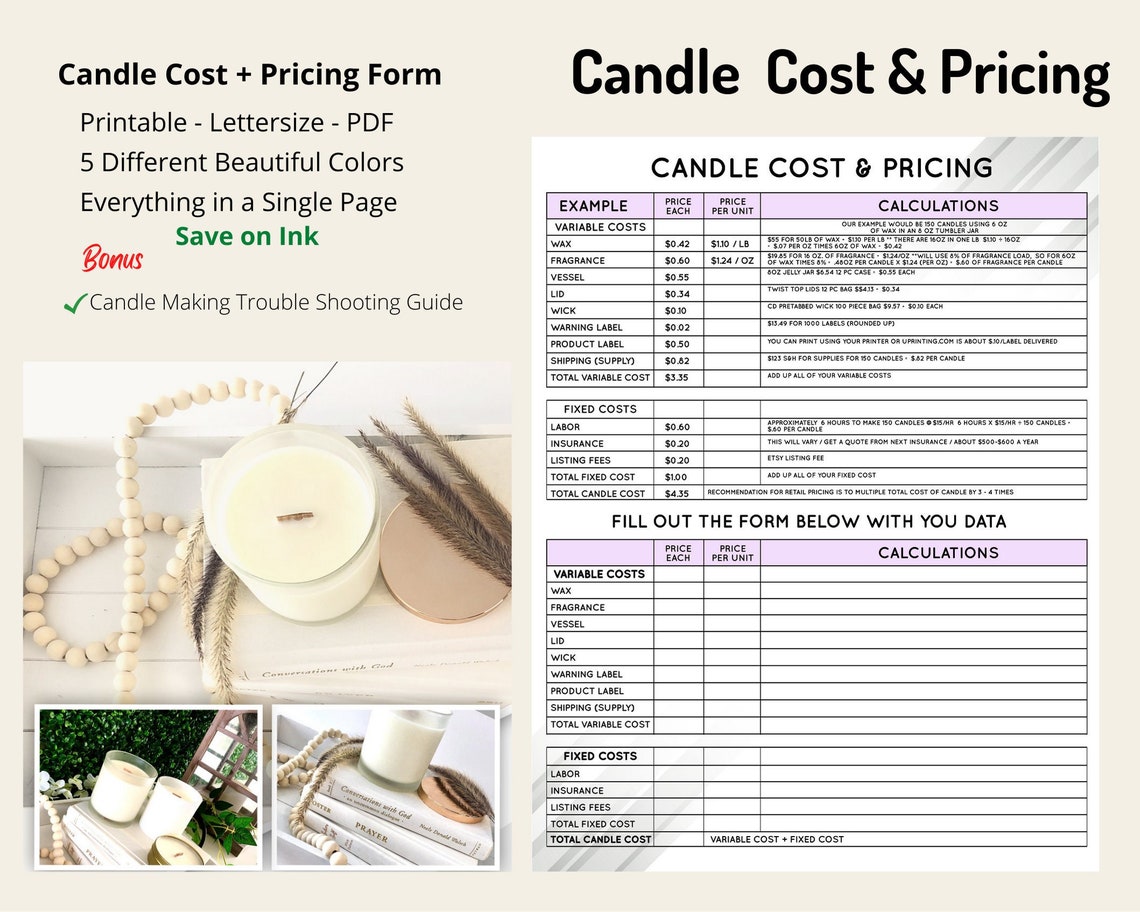 Candle Making Printable Cost Calculator Sheets, FREE/BONUS 3page