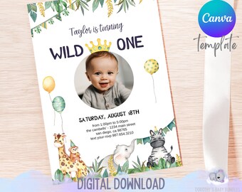 May include: A digital download invitation for a first birthday party with a jungle theme. The invitation features a photo of a baby boy wearing a crown, surrounded by green leaves, yellow balloons, and jungle animals. The text reads "Taylor is turning WILD ONE" and includes party details such as date, time, and location.