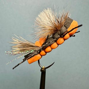 May include: A detailed fly fishing lure featuring a segmented orange body, dark gray and black accents, and a fluffy, light-colored wing. The hook is attached to a black stand against a blue-gray background. This artificial insect is designed for fly fishing.