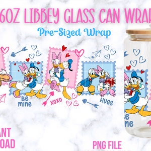 Donald & Daisy 16oz Libbey Glass Wrap, Valentine’s Day Donald Duck, 16oz Glass Can Wrap, Valentine’s Day Donald and Daisy Duck, Valentine
