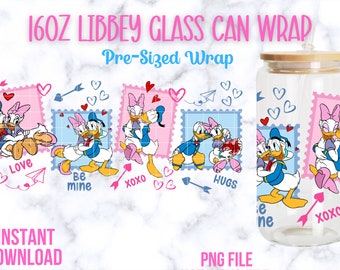 Envoltorio de vidrio Libbey de 16 oz de Donald y Daisy, Día de San Valentín Pato Donald, Envoltorio de vidrio para latas de 16 oz, Día de San Valentín Pato Donald y Daisy, Día de San Valentín