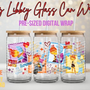 May include: Three 16 ounce glass can wraps with a cartoon design featuring a blue and orange character. The wraps are pre-sized for Libbey glass cans. The text on the wraps reads "True Love Forever", "Be Mine", and "You're My Sunshine".
