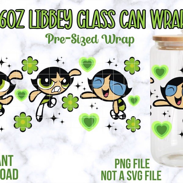 Power Girls Libbey Wrap PNG, 16oz Libbey Glass Can Wrap, Power Girl Tumbler Wrap, Cartoon Can Wrap, Buttercup Wrap PNG, 16oz PNG Wraps