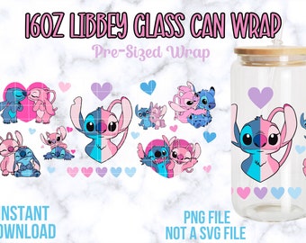 Envoltorio de vidrio para latas de 16 oz de Libbey Stitch & Angel, envoltorio de vidrio para latas Stitch, envoltorio PNG de Stitch and Angel, Stitch PNG, envoltorios de vidrio para latas de Libbey
