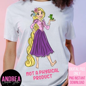 May include: A white t-shirt with a cartoon image of a blonde princess with purple dress and a green chameleon. The text "NOT A PHYSICAL PRODUCT" is printed on the shirt.