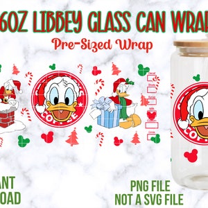 Christmas Donald Duck 16oz Libbey Glass Wrap, Christmas Donald, 16oz Libbey Glass Can Wrap, Cartoon Tumbler Wrap, Christmas Mickey PNG
