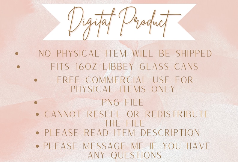 Puede incluir: Informaci&oacute;n sobre un producto digital en un fondo rosa. El texto dice: "Producto digital", "NO SE ENVIAR&Aacute; NING&Uacute;N ART&Iacute;CULO F&Iacute;SICO", "SE ADAPTA A LATAS DE VIDRIO LIBBEY DE 16 OZ", "USO COMERCIAL GRATUITO PARA ART&Iacute;CULOS F&Iacute;SICOS SOLAMENTE", "ARCHIVO PNG", "NO SE PUEDE REVENDER O REDISTRIBUIER EL ARCHIVO", "LEA LA DESCRIPCI&Oacute;N DEL ART&Iacute;CULO", "POR FAVOR, ENV&Iacute;EME UN MENSAJE SI TIENE ALGUNA PREGUNTA".