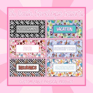Peut inclure: Inserts d'enveloppe A6 avec divers motifs. Les inserts sont étiquetés "Divertissement", "Vacances", "Animaux", "Abonnements", "Assurance" et "Urgence". Chaque insert présente un motif et une palette de couleurs différents, avec le texte "Produit physique personnalisable" en bas.