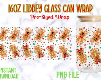 Gingerbread 16oz Glass Wrap, Full Size Wrap, 16oz Libbey Glass Wraps, Christmas Glass Wraps, Gingerbread Mickey png, Gingerbread Minnie png