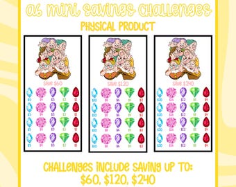 May include: A yellow and white graphic with three savings challenges. Each challenge features a cartoon image and a set of colorful gem illustrations. Text includes "as mini savings challenges" and "Challenges include saving up to: $60, $120, $240."