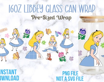 Alice in Wonderland 16oz Libbey Glass Can Wrap, Libbey Glass Can Wraps, 16oz PNG Wraps, Alice in Wonderland PNG, Wonderland Glass Wrap PNG