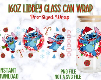 Stitch 16oz Libbey Glass Can Wrap, Stitch Christmas Glass Can Wrap, Stitch PNG Wrap, Stitch PNG, Libbey Glass Can Wraps, Christmas Wraps