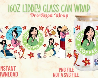 Mulan Libbey Glass Wrap, 16oz Libbey Glass Can, 16oz PNG Wraps, Mulan Glass Can Wraps, Princess Libbey Glass Can, Full Size Wrap, Mulan PNG