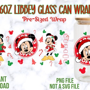 Christmas 16oz Libbey Glass Wrap, Christmas Minnie Mouse, 16oz Libbey Glass Can Wrap, Cartoon Tumbler Wrap, Christmas Minnie PNG, PNG Wraps