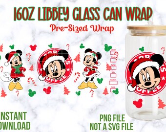 May include: A digital download of a pre-sized wrap for a 16 ounce glass can featuring a red and white Christmas-themed design with a cartoon image of Mickey Mouse wearing a Santa hat and the text "Starbucks Coffee".
