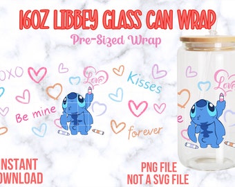 Envoltorio para latas de vidrio de 16 oz de Libbey, envoltorio para latas de vidrio de Stitch, envoltorio PNG de Stitch, PNG de Stitch, envoltorios para el día de San Valentín
