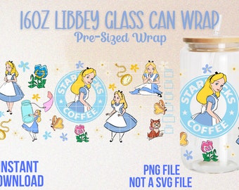 Alice in Wonderland Libbey Glass Wrap, 16oz Libbey Glass Can Wrap, Libbey Glass Can Wraps, Alice in Wonderland PNG, Full Size Wraps