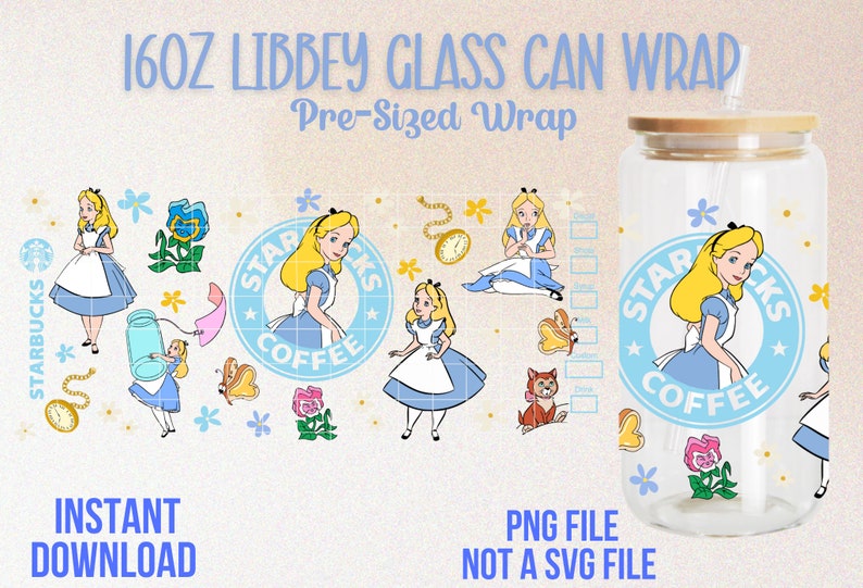 K&ouml;nnte beinhalten: Ein digitaler Download einer vorgefertigten H&uuml;lle f&uuml;r eine 473 ml Glasdose. Das Design zeigt Alice im Wunderland-Charaktere und den Text "Starbucks Coffee".