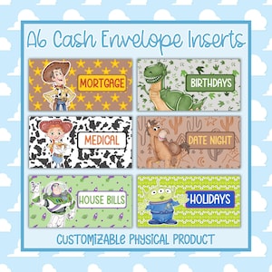 May include: A6 cash envelope inserts with cartoon characters. The inserts are themed for various financial categories: "Mortgage," "Birthdays," "Medical," "Date Night," "House Bills," and "Holidays." The text "Customizable Physical Product" is also included.