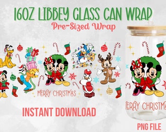 May include: A digital download of a pre-sized wrap for a 16 oz Libbey glass can featuring a Christmas theme with Mickey Mouse, Minnie Mouse, Pluto, Donald Duck, and Goofy. The design includes a wreath, candy canes, snowflakes, and the text "Merry Christmas".
