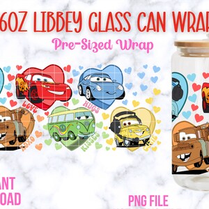 Cars 16oz Libbey Glass Wrap, Valentine’s Day Cars 16oz Glass Can Wrap, Cartoon Tumbler Wrap, Valentine McQueen and Mater, Lightning McQueen