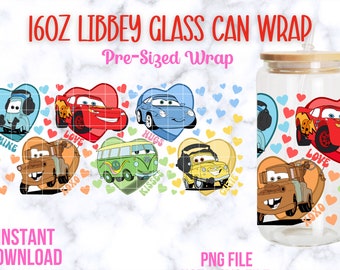 Carros 16 onças Libbey Glass Wrap, Dia dos Namorados Carros 16 onças Glass Can Wrap, Cartoon Tumbler Wrap, Valentine McQueen e Mater, Lightning McQueen