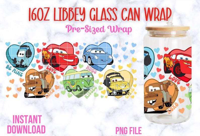 Puede incluir: Un conjunto de seis envoltorios para latas de vidrio de 473 ml predimensionados con varios personajes de Cars en marcos en forma de coraz&oacute;n con diferentes lemas como "Love", "Hugs", "Kisses", "Be Mine" y "XOXO".