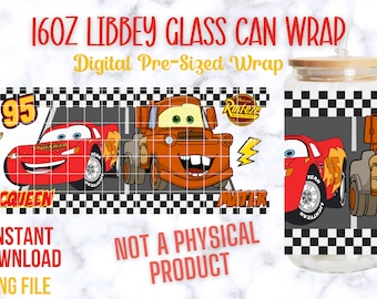 Cars 16oz Libbey Glass Can Wrap, 16oz Libbey Glass Wrap, 16oz PNG Wrap, Cars PNG Wrap, Cars PNG, Lightning McQueen, Mater