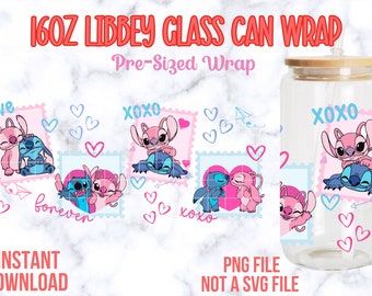 Envoltorio de vidrio para latas de 16 oz de Libbey Stitch & Angel, envoltorio de vidrio para latas Stitch, envoltorio PNG Stitch and Angel, Stitch PNG, envoltorios para el día de San Valentín