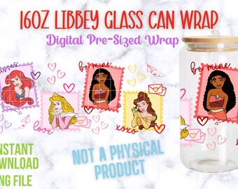 Princess 16oz Libbey Glass Can Wrap, Princess Valentine Glass Can Wrap, Princess PNG Wrap, Princess PNG, Valentine’s Day Wraps, Cinderella