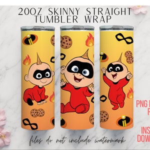 Puede incluir: Un conjunto de tres envolturas de vaso skinny recto de 20 oz con un personaje de dibujos animados con un traje rojo y una máscara negra. El fondo es amarillo con galletas marrones, llamas rojas y símbolos de infinito negros. El texto "PNG DIGITAL FILE" y "INSTANT DOWNLOAD" también está incluido en la imagen.