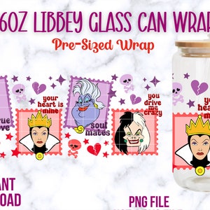 Villains 16oz Libbey Glass Can Wrap, Villains Valentine Glass Can Wrap, Villain PNG Wrap, Princess PNG, Valentine’s Day Wraps, Maleficent