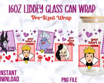 Villains 16oz Libbey Glass Can Wrap, Villains Valentine Glass Can Wrap, Villain PNG Wrap, Princess PNG, Valentine’s Day Wraps, Maleficent