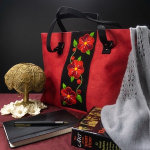 Peruvian Shoulder Bag, Faux Suede, Bag with Zipper, Gift for Women, Shoulder Bag for Women,  Embroidered Flowers, Everyday Purse, Wool Art