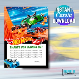 Tarjeta de agradecimiento de cumpleaños editable de Hot Cars / Tarjeta de agradecimiento de Race Cars estilo 2