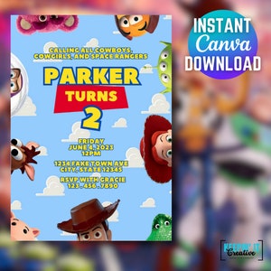 May include: A blue and red birthday invitation featuring a cartoon image of Woody from Toy Story. The invitation reads "Calling all cowboys, cowgirls, and space rangers Parker turns 2" and includes the date, time, and location of the party.