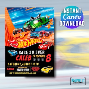 Bewerkbare Hot Cars-verjaardagsuitnodiging / Race Cars-uitnodigingstijl 2