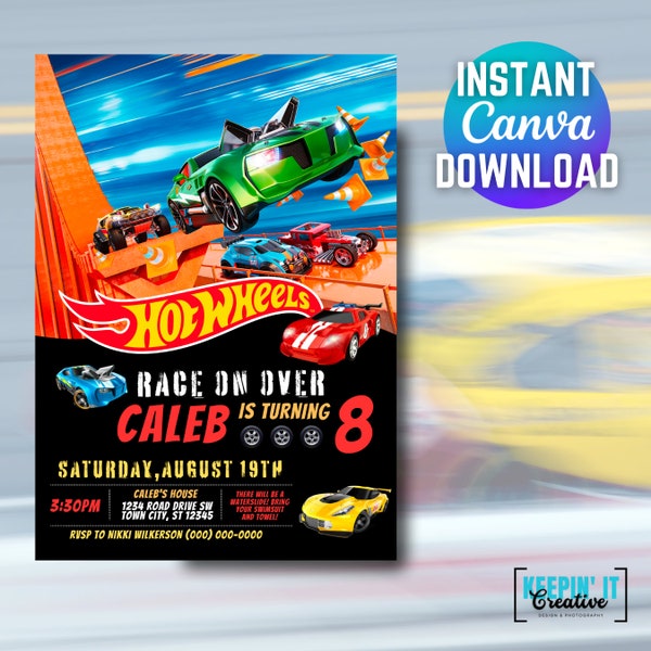 Editable Hot Cars Birthday Invitation / Race Cars Invitation Style 2